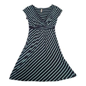 Gilli Navy and Mint Asymmetrical Striped V-Neck Dress